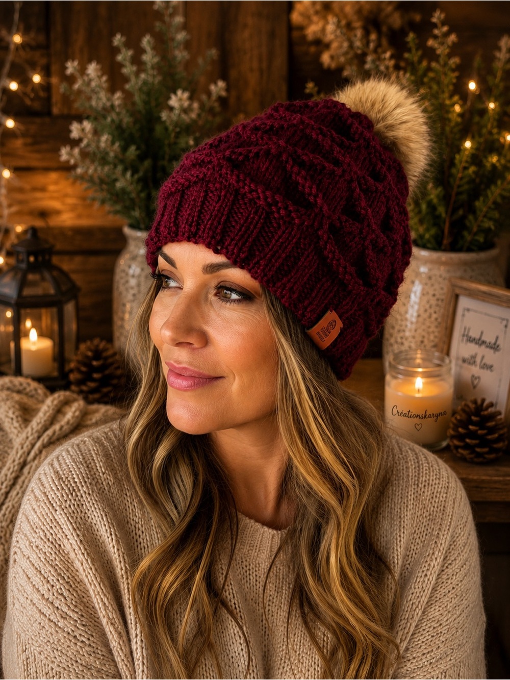 Cozy Cable Knit Pom Beanie in Burgundy - Handmade